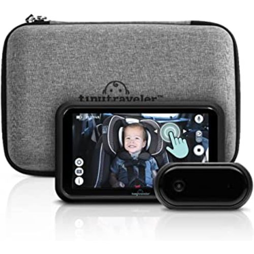 Tiny Traveler | Portable Video Baby Monitoring System with Travel Kit, View Kid in Rear Facing Seat, Night Vision HD 720p 5" Touchscreen, Battery Powered, Split-Screen, Travel Pouch Included - Black