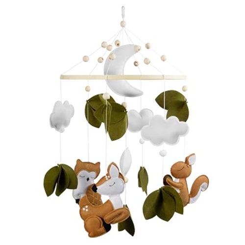 Woodland Animals Theme Bassinet Baby Nursery Mobiles with Modes Digital Music Box 3In1 Set-34 Inch Wooden Mobile Arm for Crib Mobile Hanger for Crib Baby Nursery Decor