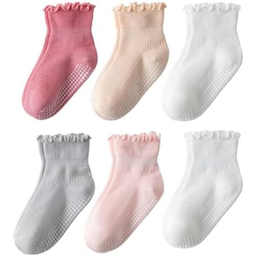 DarkCom Toddler Baby Socks Ruffle Girls Grip Non Slip 6 Pairs Socks for Kids Cute Ankle Frilly 6M-5Years