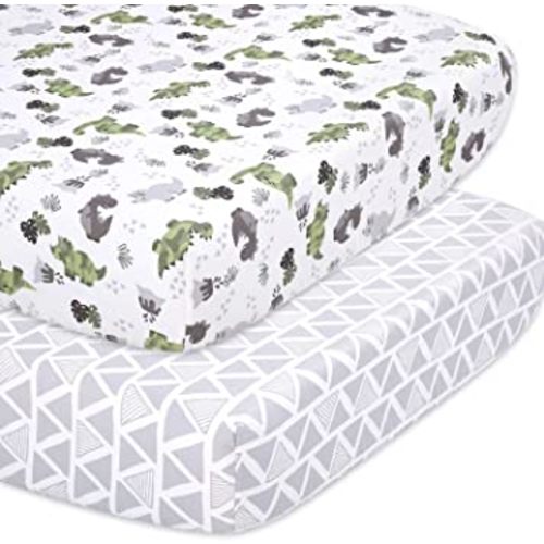 The Peanutshell Dinosaur Fitted Crib Sheet Set for Baby Boys or Girls, 2 Pack Unisex Set