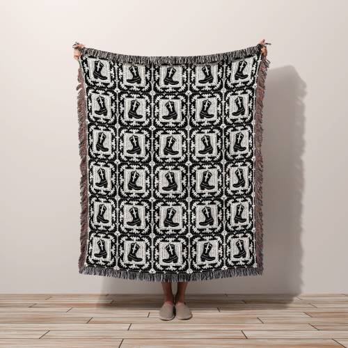 Cowboy Boot Woven Throw Blanket Western Patchwork Tapestry Wall Art, Country Western Cowboy Aesthetic | Black and White Decor | Cowgirl boot