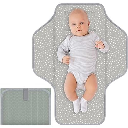 Baby Portable Diaper Changing Pad, Foldable Travel Diapering Changing Mat with Built-in Pillow, Waterproof Compact Changing Pad for Newborn Baby Changing Station, Infant Gift(Gray Stripe)