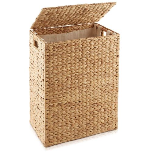 Casafield Large Laundry Hamper with Lid and Removable Liner Bag - Natural, Woven Water Hyacinth Laundry Basket for Clothes