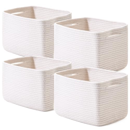 ICERZCZ Storage Baskets for Organizing, Woven Basket for Storage, Storage Baskets Bin for Shelves, Cotton Rope Basket with Handles, 12.5"Lx9.1"Wx7.9"H, (4 Packs) Off White