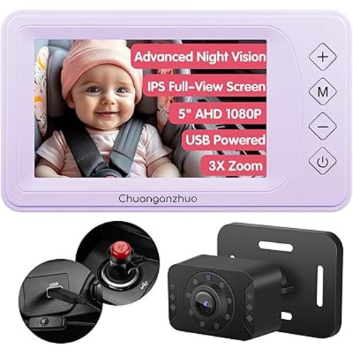 S100U Baby Car Camera with Advanced Night Vision, 5inch AHD 1080P IPS Full View Baby Monitor, Carseat Camera for Kids Infants Rear Facing Mirror, USB Powered, 5inch, Light Purple
