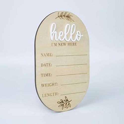 Baby Announcement Sign 6.5 Inch Wooden Hello World Newborn Welcome Sign Birth Baby Name Plaques for Photo Props Baby Shower Hospital Nursery (OVAL)