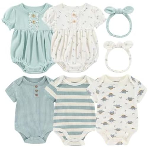Baby Girls Boys Short Sleeve Outfit Romper With Headband Set Clothes New Born Cotton Bodysuits 5-Pack 0-12M