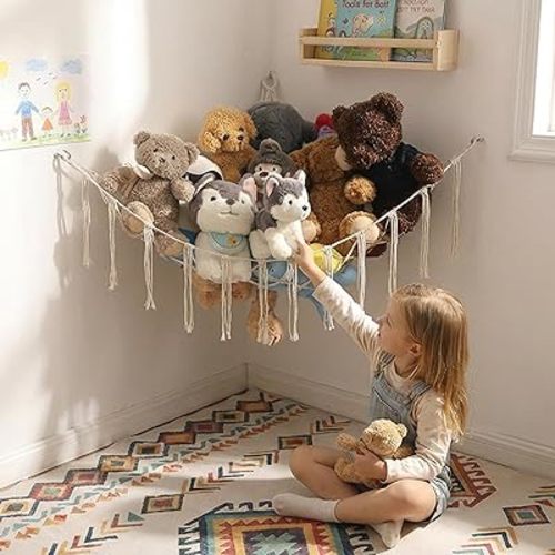 YKBU Stuffed Animals Hammock Corner Hanging Net Macrame Stuffed Animal Storage Plush Toy Holder Toy Organizer for Boho Nursery Playroom Bedroom Kids Room (cream, M)