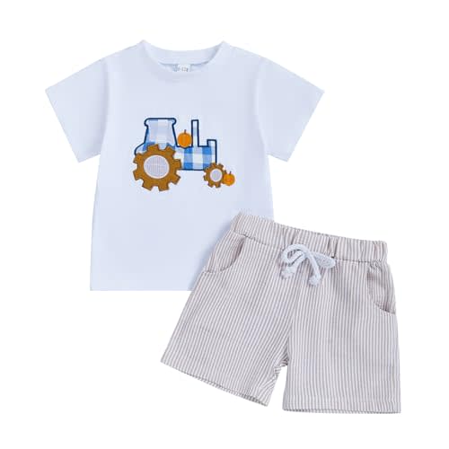 Arvbitana Toddler Baby Boy Halloween Pumpkin Outfit Short Sleeve Tractor Smocked T-shirt Seersucker Shorts Summer Clothes