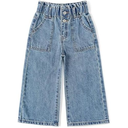 KIDSCOOL SPACE Baby Girls Jeans,Toddler Elastic Waist with D-Ring Slant Pockets Wide-Leg Denim Pants