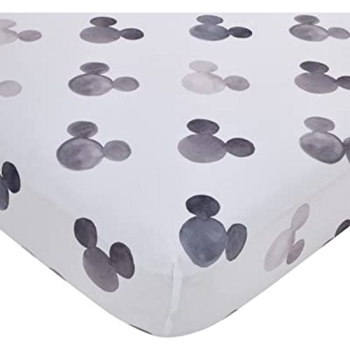 Disney Mickey Mouse - Black, White and Gray Watercolor Mickey Ears Nursery Polyester Fitted Crib Sheet