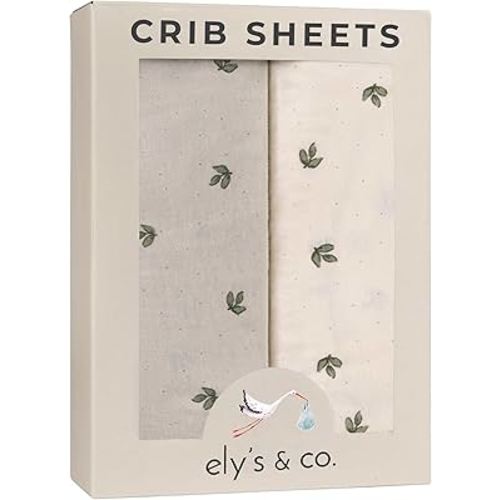 Ely’s & Co. Crib Sheets Baby Girl/Boy Fitted Crib Mattress Sheet Set, 2 Pack, 100% Jersey Knit Cotton, Infant and Toddler Nursery Bedding, Neutral Taupe and Cream with Sage Vintage Print, 28” x 52”