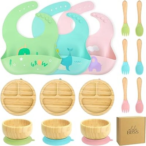 Bamboo Baby Plates Set - Suction Plates for Baby with Bowl, Bib, Fork, and Spoon - Toddler Plates with Suction - 3 Sectioned bamboo Toddler Plates for Easy Self-Feeding and Mess-Free Meals