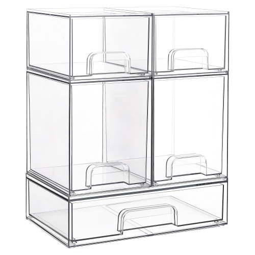 Stackable Storage Drawers Set of 5, Clear Plastic Organizer Bins for Beauty Supplies,Ideal for Vanity, Bathroom,Cabinet,Pantry Organization