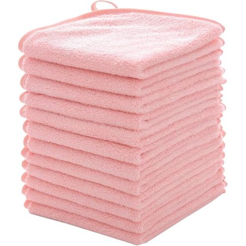 MUKIN Baby Washcloths Set - 12 Pack 12x12 Inches Microfiber Coral Fleece Face Towel for Newborns, Infant, Toddlers or Kids. Ultra Soft and Absorbent wash Cloth for Baby (Pink)