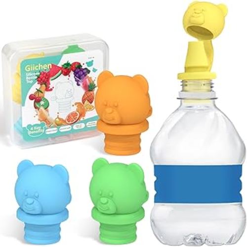 No Spill Water Bottle Caps - BPA Free Silicone Top Protects Child's Mouth, Replacement Spout Adapter for Toddlers to Adults - 4 Pack (Blue, Green, Yellow, Orange)