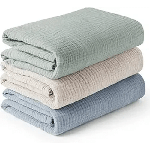 Konssy 3-Pack Muslin Baby Swaddle Blankets, 47 x 47 in Receiving Blankets | Large Size, 100% Cotton, Ultra Soft & Breathable, Multi-Use Swaddles for Boys & Girls, from Newborn to Toddler (Blue)