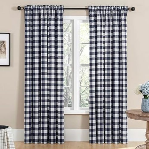 Melodieux Buffalo Check Plaid Curtains for Living Room, Bedroom Farmhouse Gingham Style Cotton Texture Rod Pocket Semi Curtain Drapes, Navy, 52 x 84 Inch(2 Panels)
