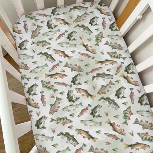 Neutral Fishing Baby Crib Sheets for Boys Vintage Bass Fishes Trout Soft Snug Fitted Crib Mattress Covers for 52''x28'' Standard Crib & Toddler Bed Mattress Outdoor Fishing Lovers Gift Baby Sheets