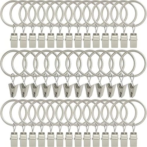 40 Pack Curtain Rings with Clips, Drapery Clips with Rings, Drapes Rings 1.26 in Interior Diameter, Fits up to 1 in Curtain Rod, Matte Silver