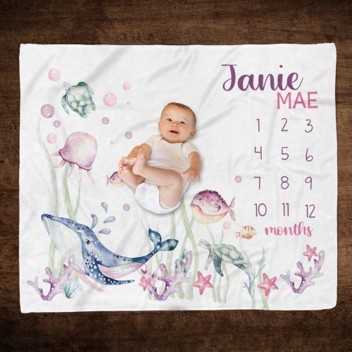 Under the Sea Milestone Blanket, Baby Girl Personalized Milestone, Whale Ocean Girl Milestone Blanket, Custom Girl Milestone Growth Blanket