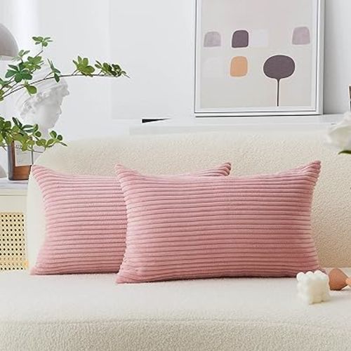 Home Brilliant 12x20 Pillow Covers Set of 2 Rectangle Throw Pillow Striped Corduroy Oblong Throw Pillowcases for Lumbar Pillows Girl's Room Decor 12 x 20 inch, Baby Pink