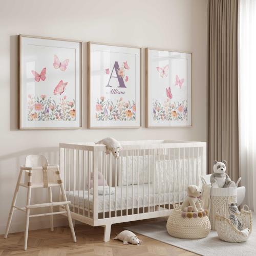 Personalized Butterfly Nursery Prints: Set of 3 Floral Wall Art