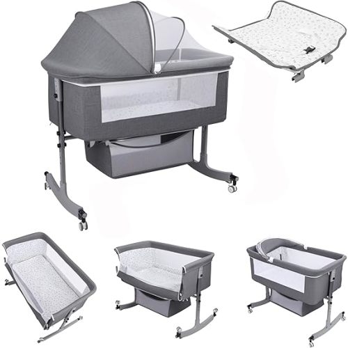 Bedside Bassinet Baby Crib, Baby Bassinets Bedside Sleeper with Large Curvature Cradle, Height Adjustable, Movable Bedside Crib with Mosquito Net and Wheels, Load-Bearing 22.04 Pounds 1 Set