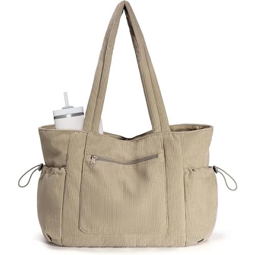 ECOHUB Large Corduroy Tote Bag for Women with Cup Holder & Luggage Sleeve & Laptop Compartment for Work Travel College Casual
