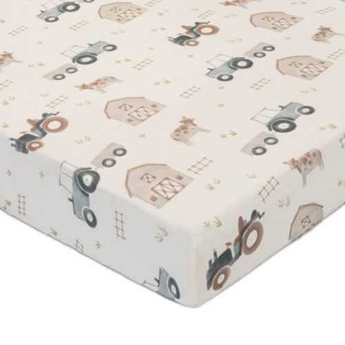Crane Baby Cotton Sateen Fitted Crib Sheet - Tractor Print: 100% Cotton, 100 Thread Count, Loomed Construction