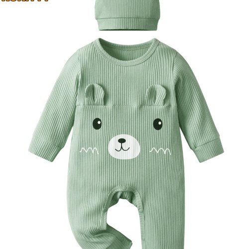 3-6mth Cute Little Bear Newborn Infant Baby Boys Romper Jumpsuit Clothing Cotton Knit Long Sleeve Playsuit with Hat