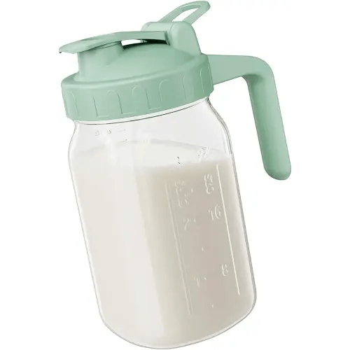 Breast Milk Pitcher Jug - 32 oz Glass Mason Jar Airtight Pitcher with Pour Spout Handle for Breastmilk, Iced Tea, Ice Drinks Storage Container（Green）