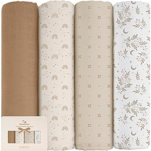 Yoofoss Muslin Swaddle Blankets, 4-Pack Receiving Blankets for Baby Boys and Girls, 47 x 47 Inches Neutral Swaddle Wrap 70% Rayon from Bamboo and 30% Cotton