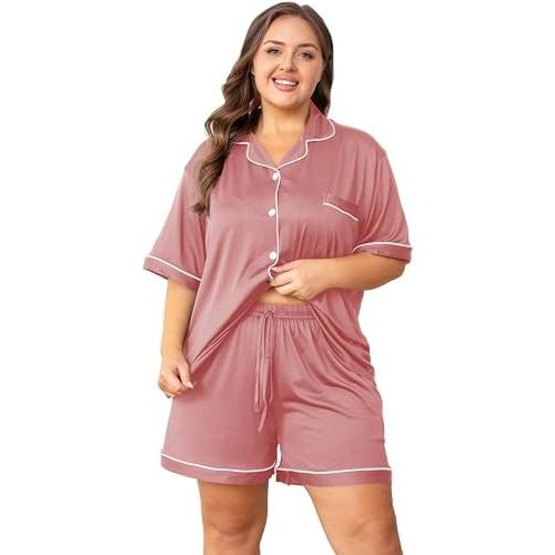 Vozanet Women's Plus Size Button Down Pajamas Soft Lounge Sets Shorts with Pockets Bride Nighty Solid Soft Pjs 1x to 5x