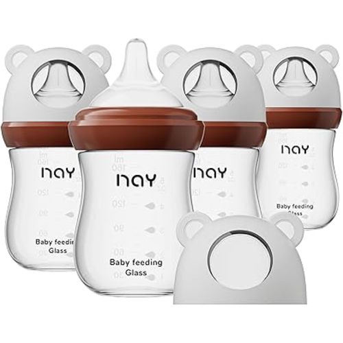 Natural Glass Baby Bottle for Breastfeeding Babies, 5.4oz Anti-Colic Baby Bottle with Slow Flow Nipples (S), Clear, Wide Neck, 4 Pack, 1 Months+