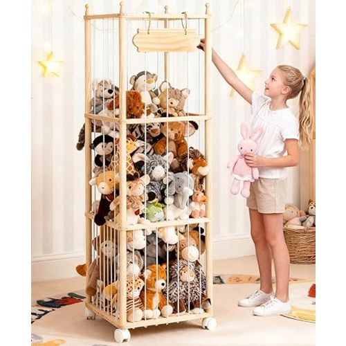 Stuffed Animal Storage - Wooden Large Organizer Holder for Kids' Room and Playroom - Plush Zoo Animals Holder with Elastic Cords & Brake Wheel for Toddler Bedroom Toy Stuff Organization