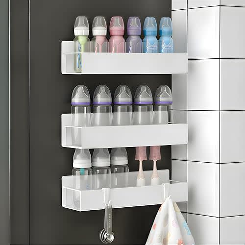 MGY 3Pack Magnetic Baby Bottle Organizer for Refrigerator,Space-Saving Storage for Baby Bottles, Metal Shelf with 4 Hooks,Station Organizer for Bottles