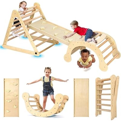 YOLEO Pikler Triangle Set, Foldable 7-in-1 Montessori Climbing Set Fun Baby Pickler-3 Piece Climbing Jungle Gym and Indoor Playground Climbing Toys for Toddlers 1-3 Inside (Natural, Advanced Version)