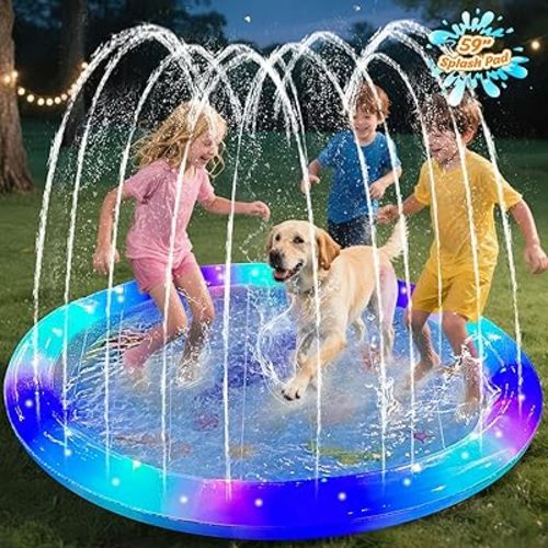 Splash Pad Light Up Sprinkler Pool for Kids and Dog 59in Thicken Fun Backyard Fountain Play Mat Summer Outdoor Water Toys for Ages 3-5 Boys Girls (Blue)