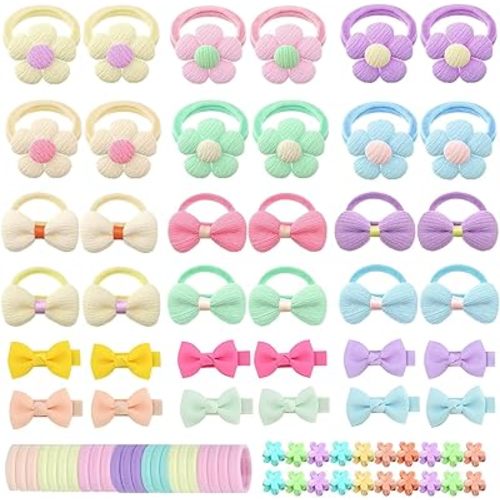 156Pcs Toddler Hair Accessories – Baby Hair Tie Elastic Scrunchies, Seamless Ponytail Holders, Bowknot Hair Clips, Cute Flower Mini Hair Clips for Little Girls