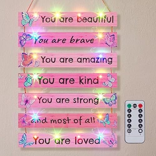FIOBEE Girls Room Décor for Teen Girls Boys with LED Light Nursery Wall Decor for Bedroom Motivational Inspirational Wall Art Girl Room Decoration for Kids Room, 8 Kinds of Lights, Pink Butterfly