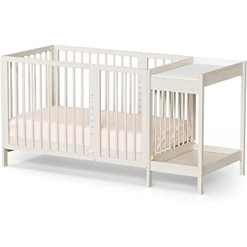 JOYMOR Crib with Changing Table and Pad, 8 in 1 Convertible Crib with Changer, Include 2” Mattress, Converts to Bassinet, Mid Crib, Full Size Crib, Daybed,Toddler Bed and Playard (Washed Natural)
