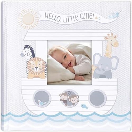 Malden International Designs 4x6 Horizontal 2 Up Hello, Little Cutie! Noah’s Ark Hard Cover Book Bound Photo Album Memo Writing Areas Front Photo Display Window Printed Front And Back Cover Noah’s Ark Themed Album