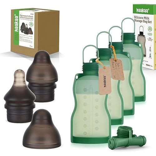 haakaa Squeeze & Feed Attachment & Silicone Breast Milk Storage Bag Set - Squeezable on-The-go Feeding Pouch