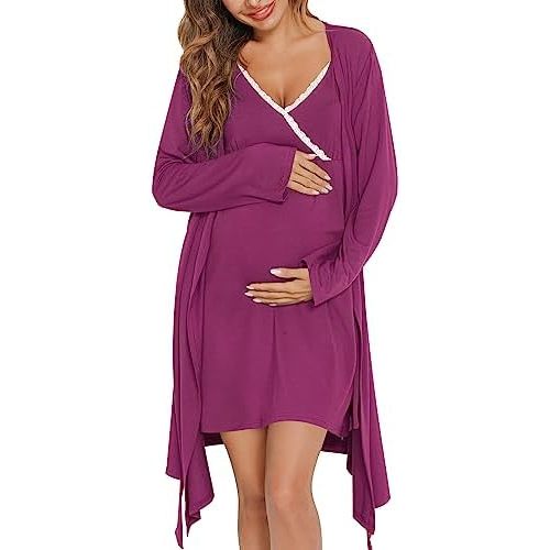 SWOMOG Womens Maternity Robe 2 Piece Nursing Nightgown for Breastfeeding 3 in 1 Labor Delivery Nursing Dress Lace Bathrobe