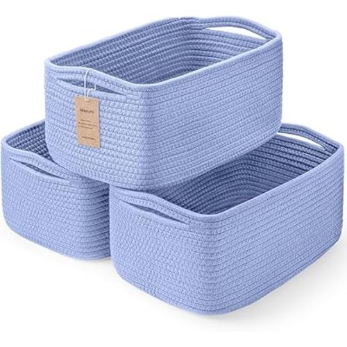 3-Pack Storage Baskets for Organizing | Woven Shelf Toy Basket | Rope Baskets for Gifts Empty | Closet Organizer Bins with Handles | Cube Decorative Box | 13.7×7.1×6.7” | Sky Blue