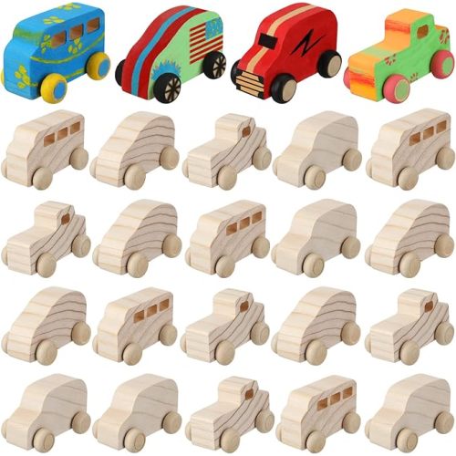 Chivao 24 Pcs Wood DIY Car Toys, Unfinished Wooden Cars, Paintable Wood Toys, Wooden Crafts for Students Home Activities Craft Projects Easy Woodworking (Novelty Style)