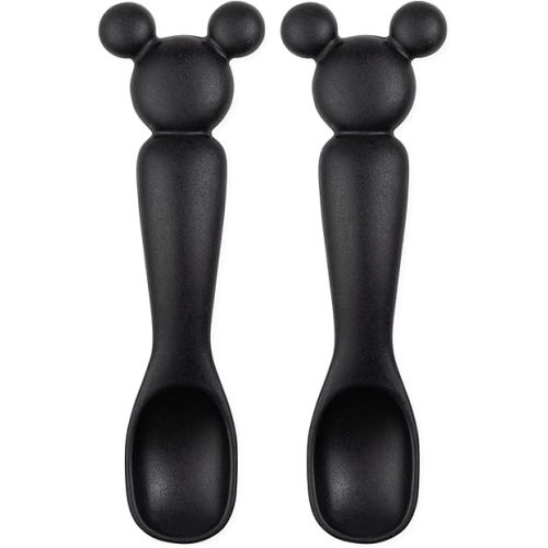 Bumkins Disney Baby Utensil Set, Silicone Trainer Spoons for Dipping, Soft Tip, Self-Feeding, Chew, Baby Led Weaning, Training Supplies, Essentials First Eating, 4 Mos, 2-pk Mickey Mouse Black