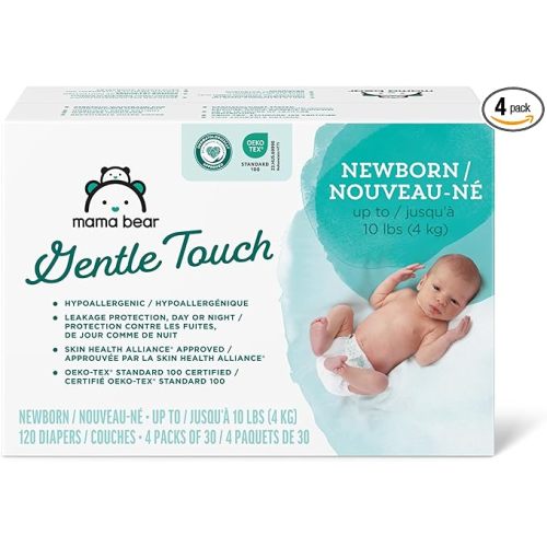 Amazon Brand - Mama Bear Gentle Touch Diapers, Hypoallergenic, Newborn, 120 Count (4 Pack of 30), White - Newborn, 30 Count (Pack of 4)