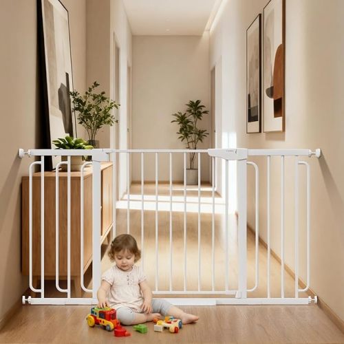 Cumbor 36.6-59" Extra Wide Baby Gate for Stairs, Pressure Mounted Dog Gate for Doorways, Auto-Close Easy Walk Through Safety Child Gate for Kids Toddler, Tall Pet Gates Indoor, White